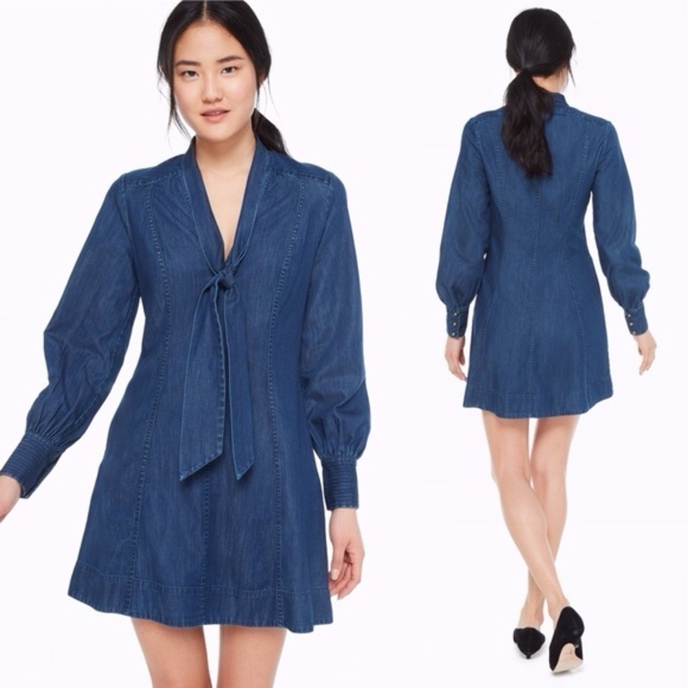 kate spade Denim-Look Navy Blue Mini Dress with Tie Neck